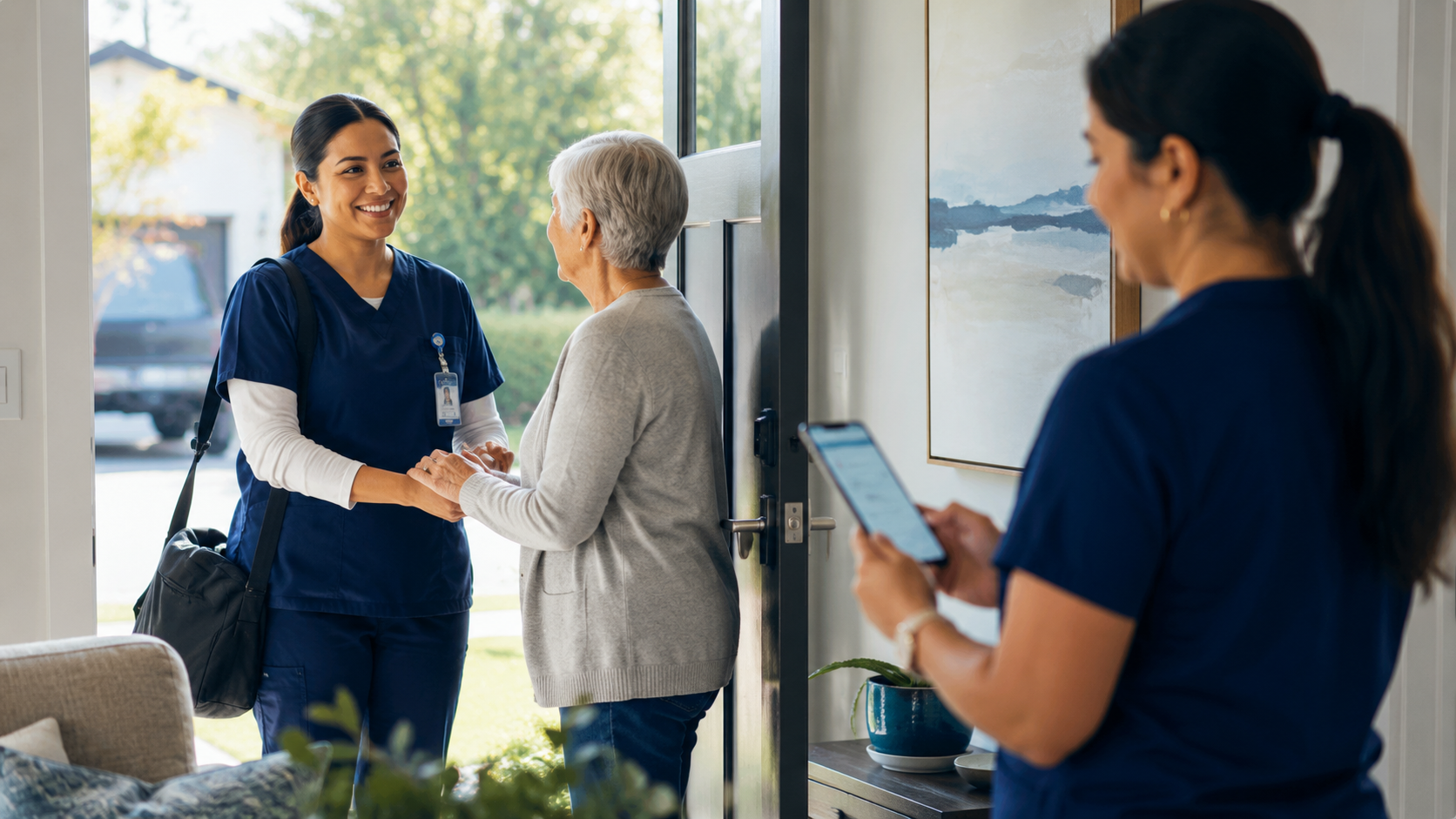 Home health caregivers coordinating mobile visits, coverage changes, and follow-up tasks.