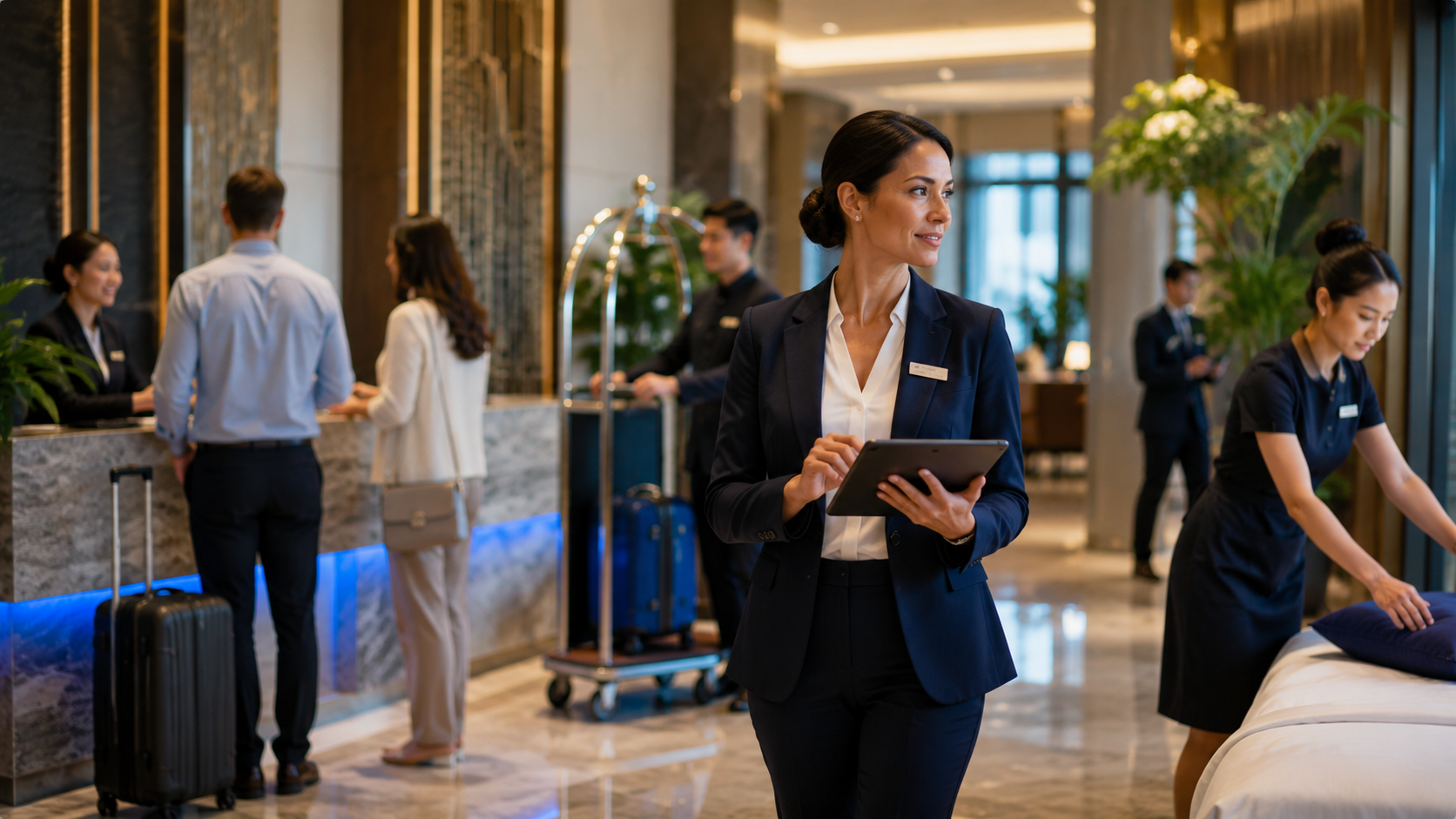 Hotel team coordinating front desk, housekeeping, and daily hospitality operations.