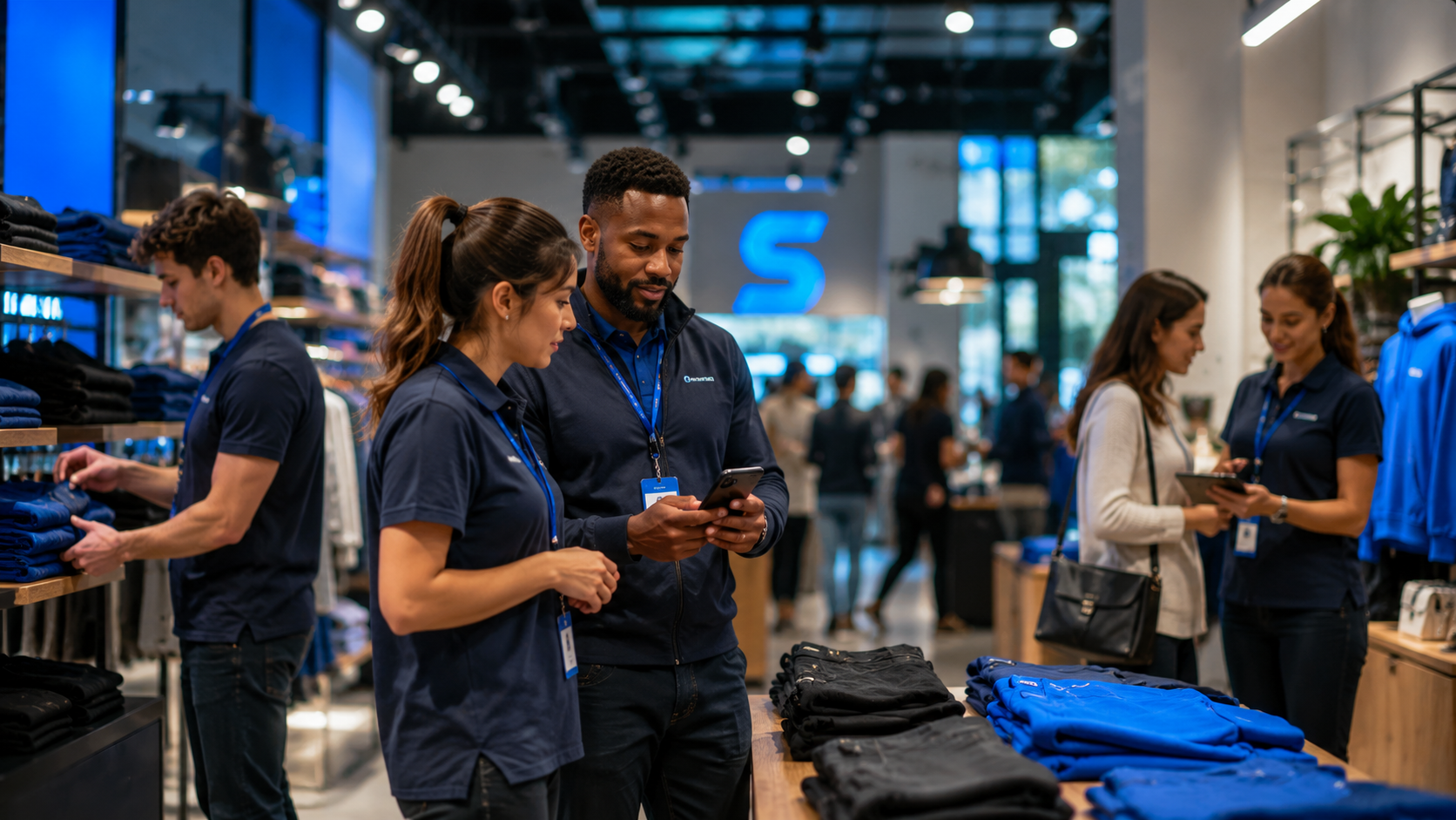Retail store team using mobile coordination for floor coverage, updates, and tasks.