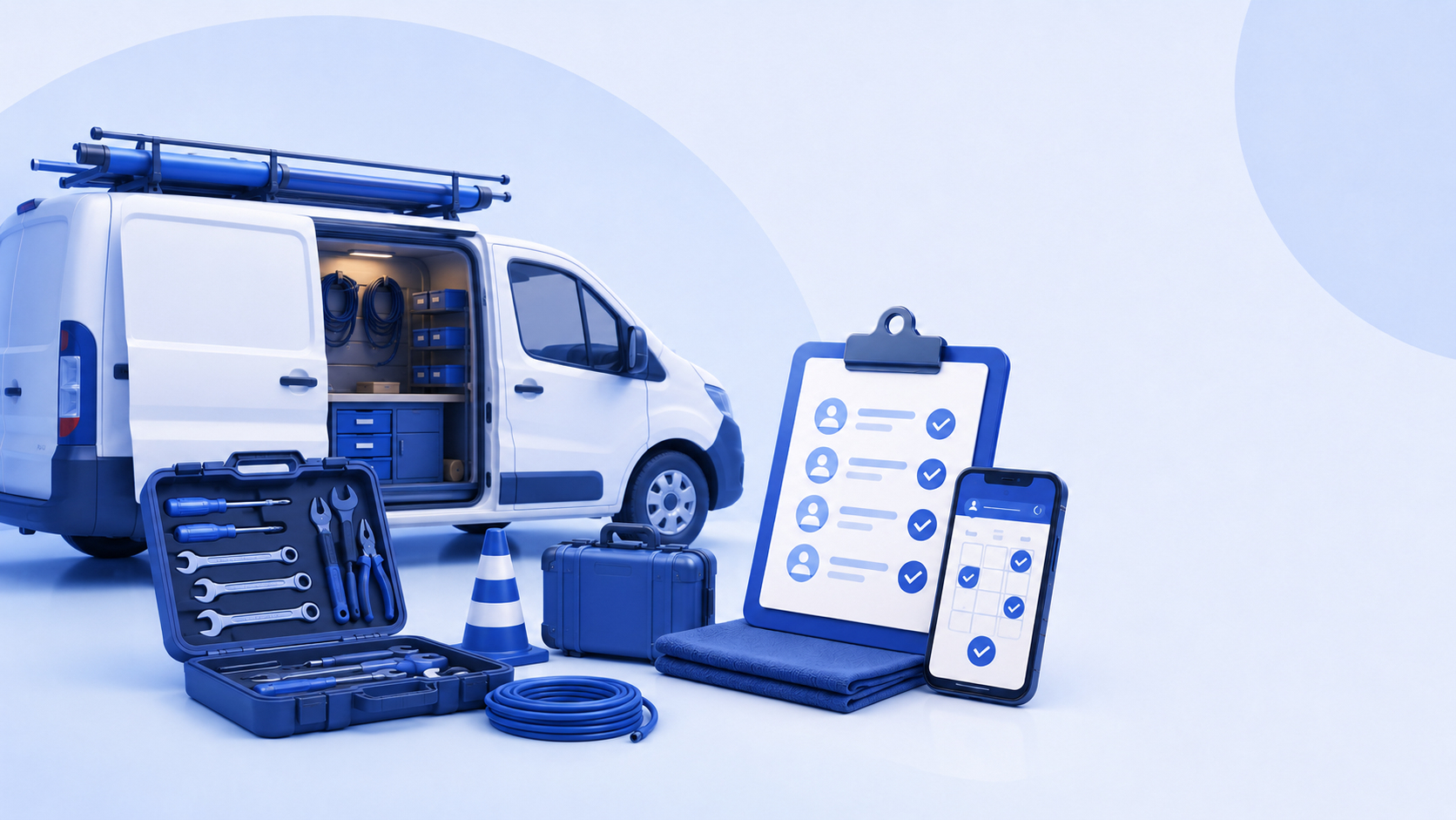 Field service workforce management software illustration with a service van, technician tools, workforce checklist, and mobile schedule.