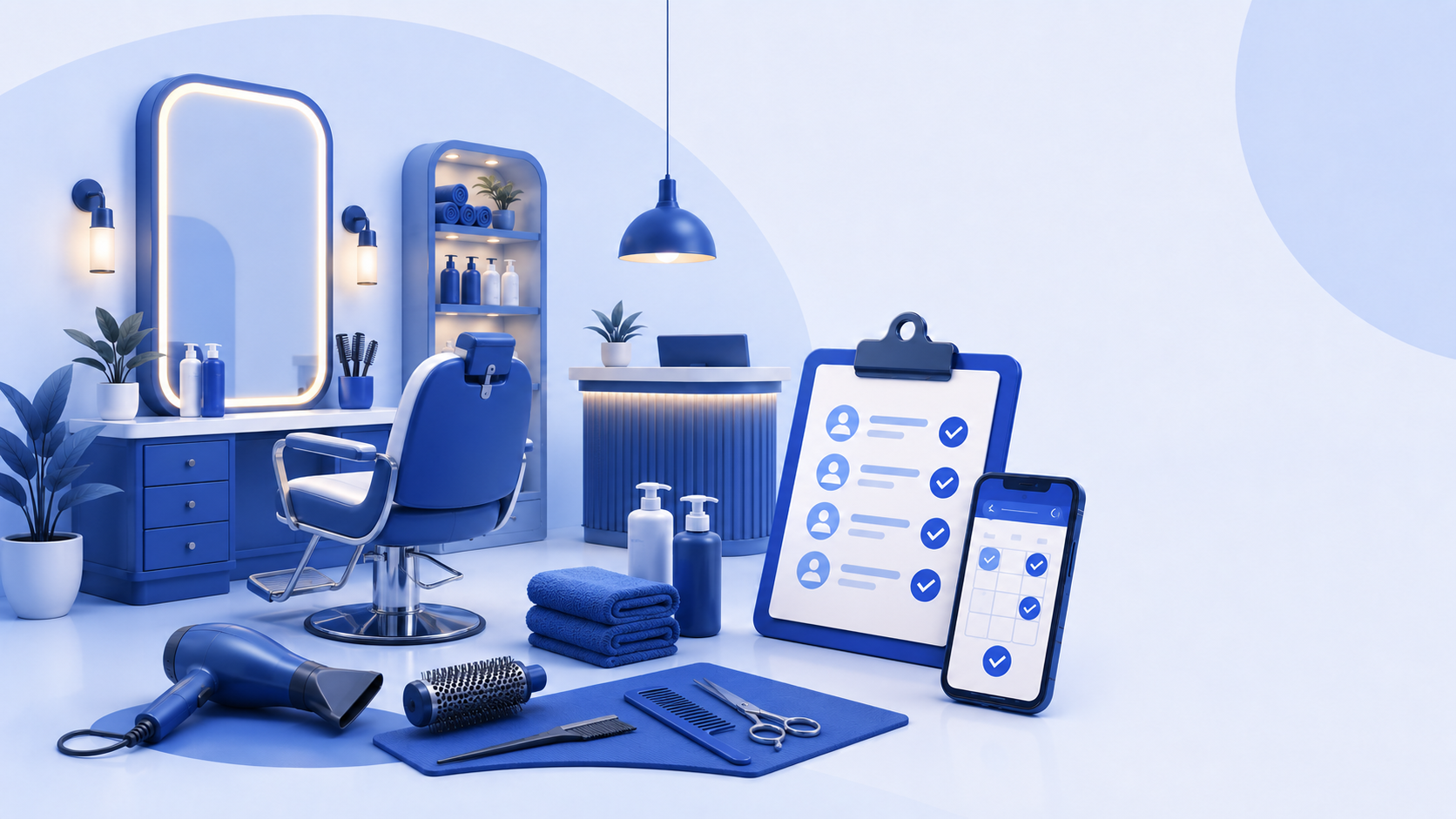 Salon workforce management software illustration with a styling station, salon chair, tools, staffing checklist, and mobile schedule.