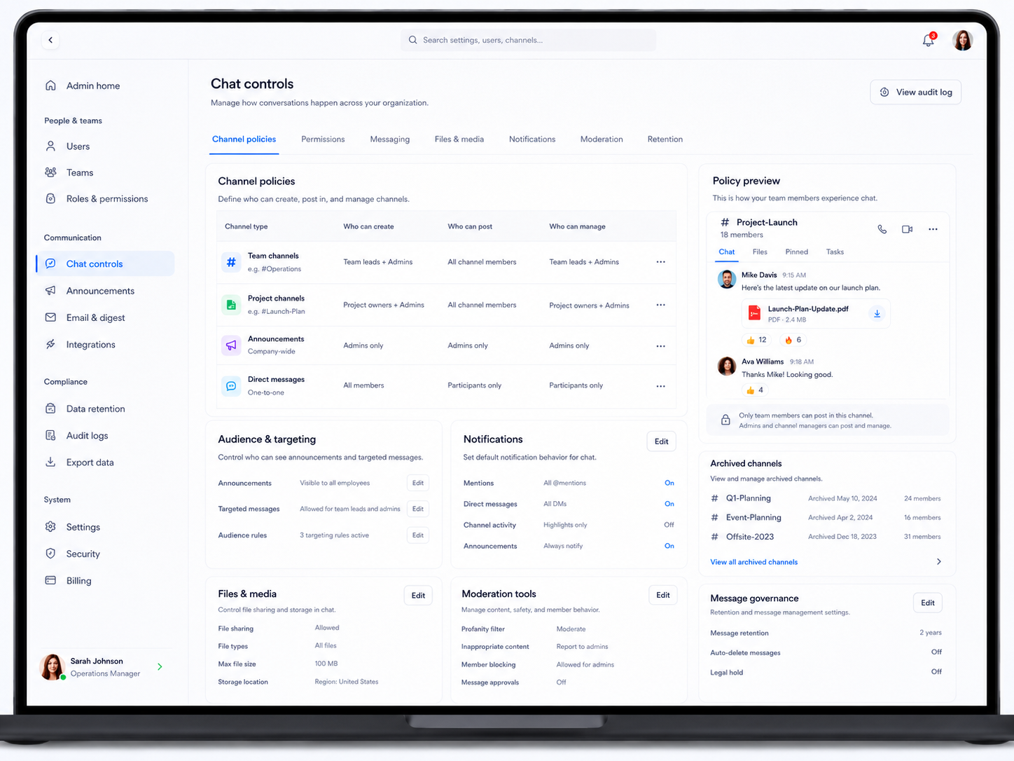 Employee chat app controls dashboard in Shiftaro showing channel policies, permissions, messaging settings, file sharing controls, notifications, moderation, retention, and audit log access.