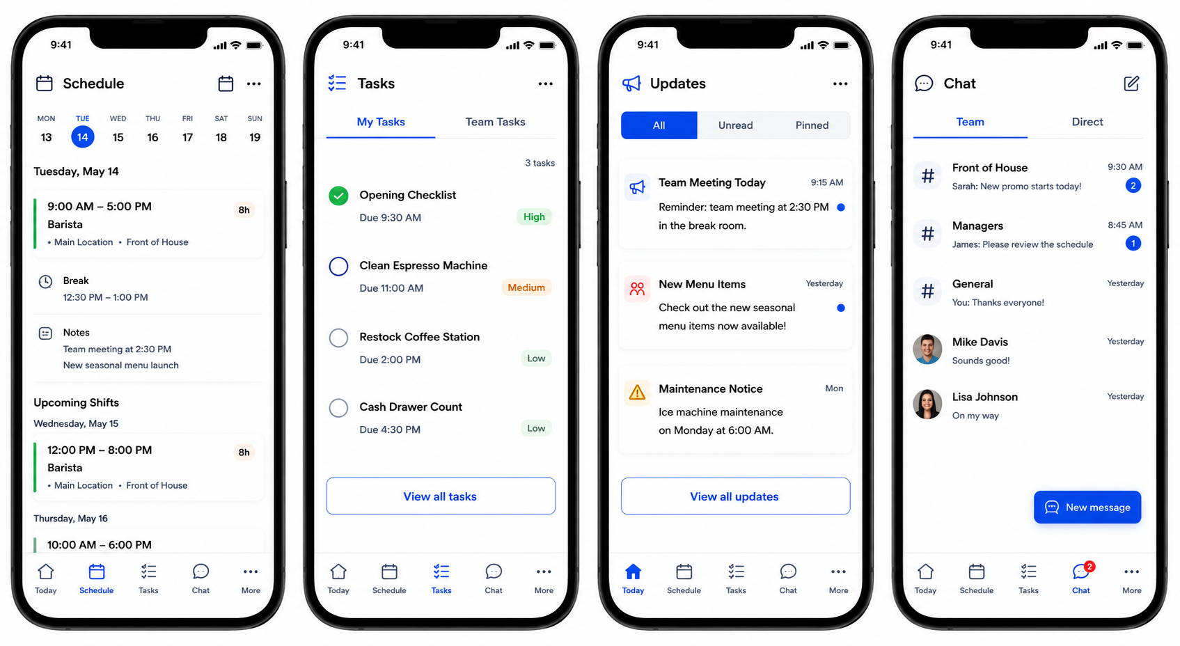 Employee mobile workflow in Shiftaro showing schedule, tasks, updates, and team chat screens for deskless employees.