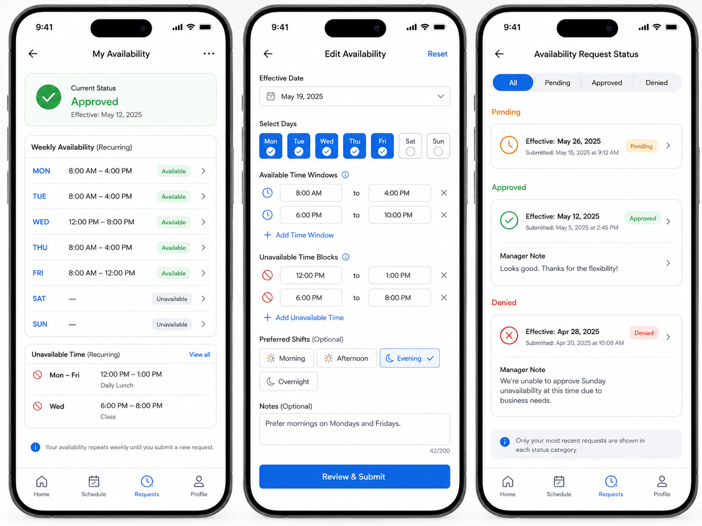 Employee availability app screens showing weekly recurring availability, unavailable days and times, edit availability controls, preferred shifts, notes, effective date, and availability request status for pending, approved, and denied changes.