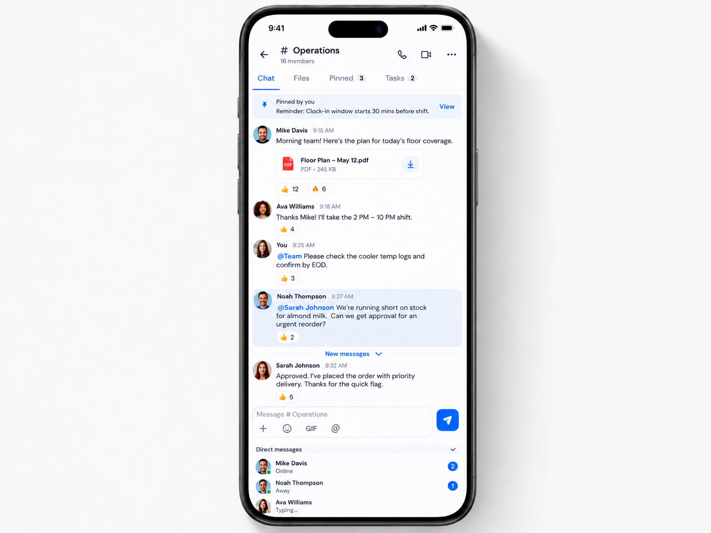 Mobile employee chat app in Shiftaro showing team chat, direct messages, unread messages, pinned messages, file sharing, reactions, and shift-based communication.