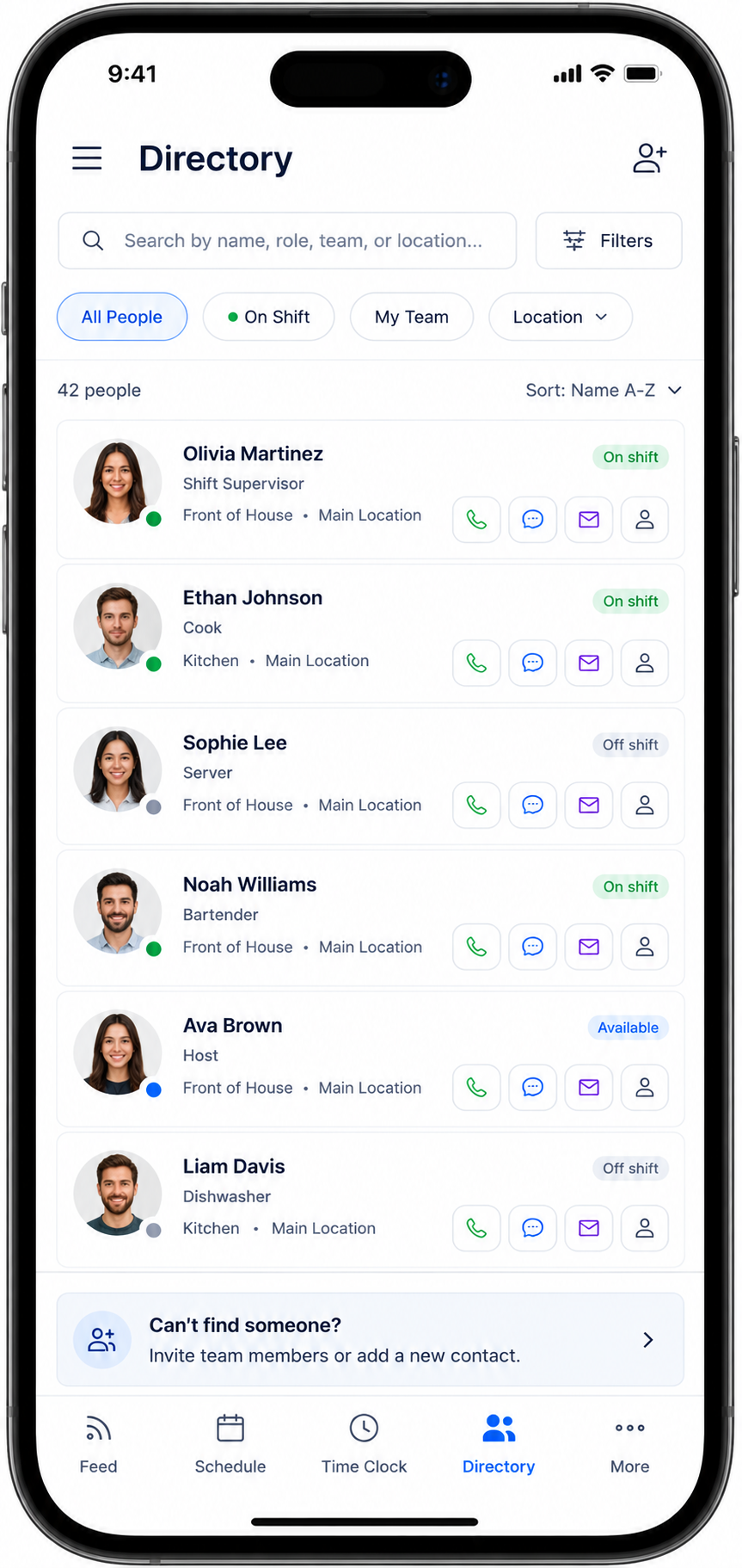 Mobile employee directory app in Shiftaro showing searchable employee contacts, team and role details, on-shift status, filters, and quick actions for call, chat, email, and profile access.