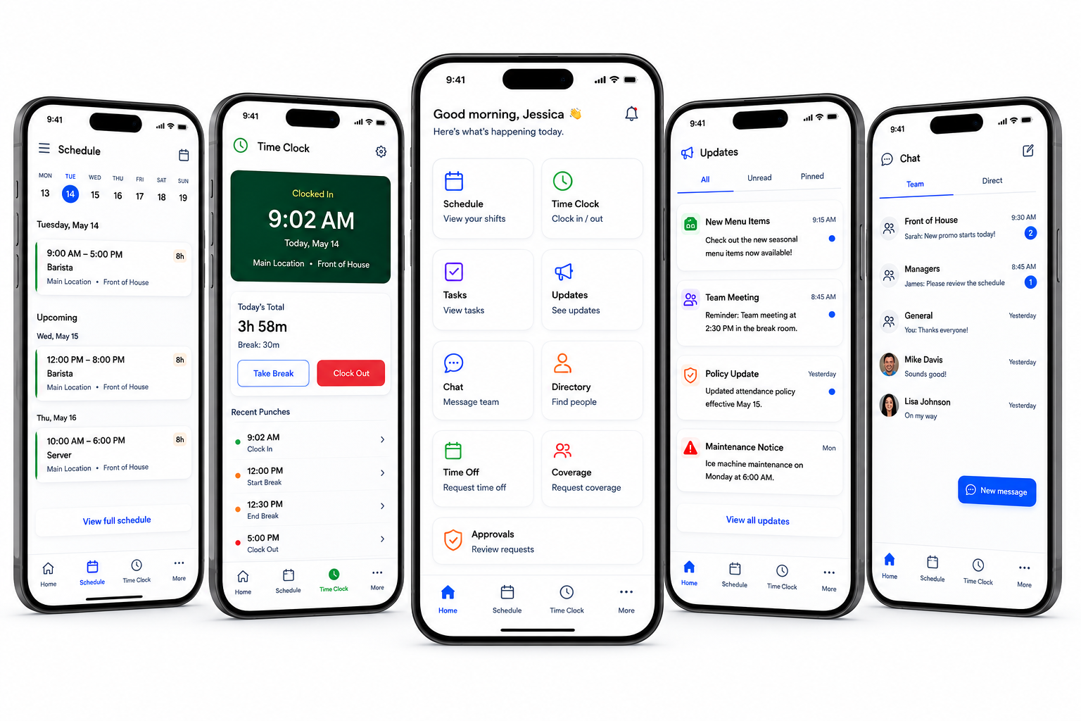 Mobile workforce app in Shiftaro showing schedule, time clock, quick actions, updates, chat, directory, time off, coverage, and approvals screens for deskless teams.