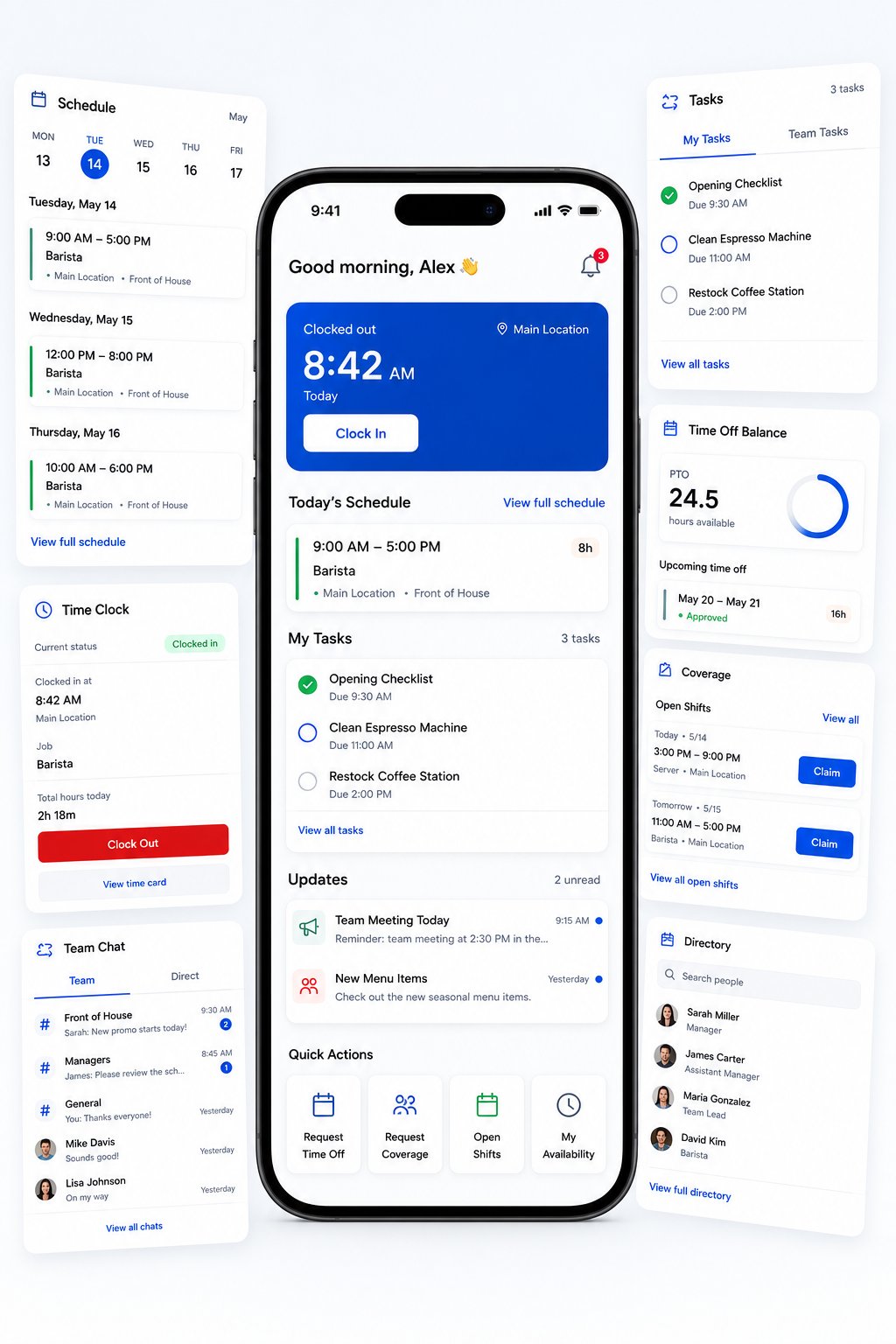 Mobile workforce app in Shiftaro showing a deskless employee dashboard with schedule, time clock, tasks, updates, team chat, time off balance, coverage actions, and employee directory.