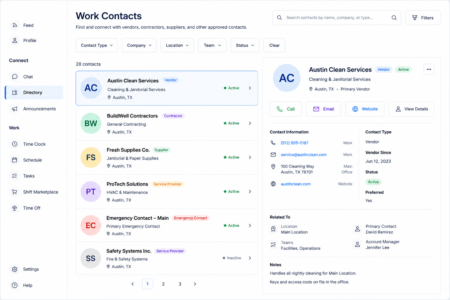 Company directory app in Shiftaro showing non-employee work contacts such as vendors, contractors, suppliers, service providers, and emergency contacts with searchable contact details and quick actions for call, email, website, and view details.