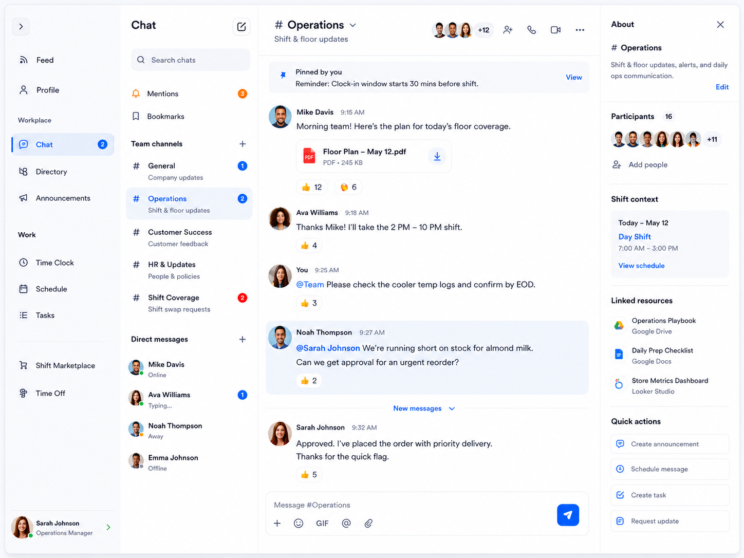 Team chat app dashboard in Shiftaro showing team channels, direct messages, mentions, unread message counts, pinned messages, shared files, participants, and workday chat context.