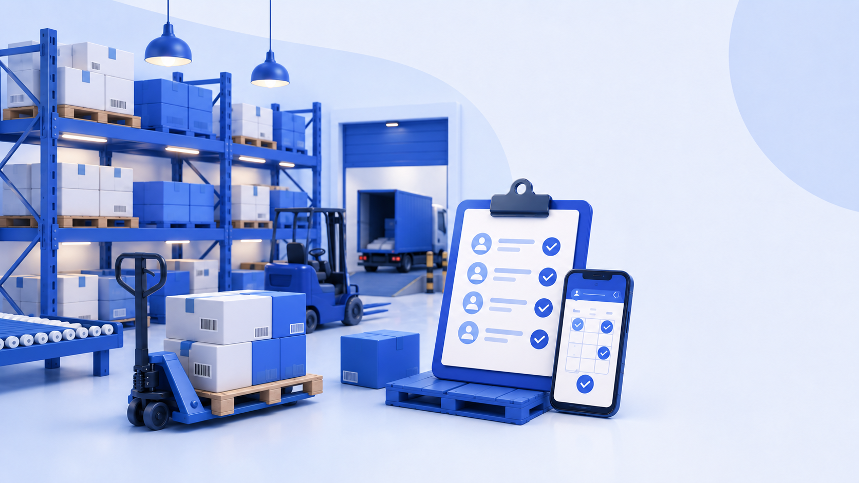 Warehouse workforce management software illustration with storage racks, pallets, loading equipment, staffing checklist, and mobile schedule.