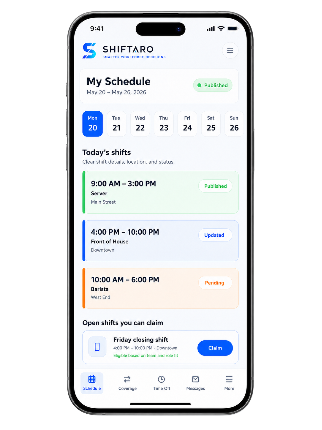 Employee scheduling software mobile app showing Shiftaro employee schedule, open shifts, and mobile shift access.