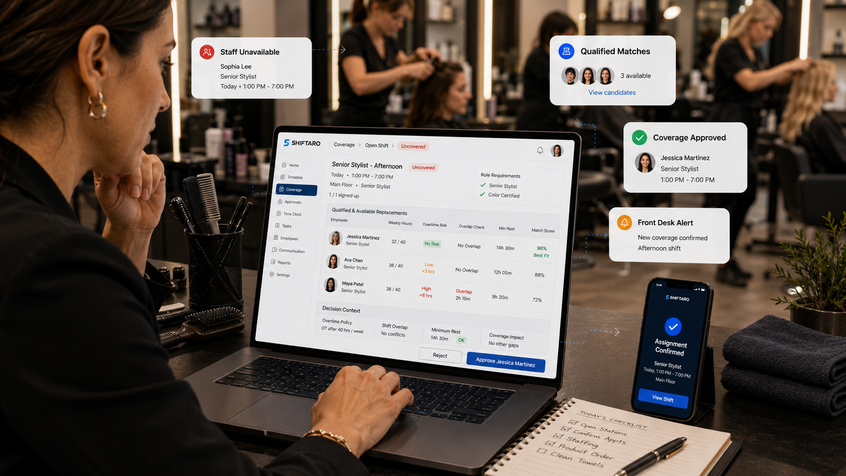 Salon employee scheduling software showing a senior stylist callout, qualified replacement matches, overtime and overlap checks, manager approval, and employee assignment confirmation in Shiftaro.