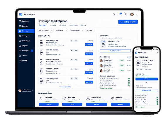 Coverage marketplace in Shiftaro workforce management platform showing open shifts, shift claims, direct offers, and mobile claiming.