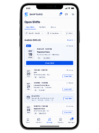 Shift swap software mobile app showing open shifts employees can claim, direct offers, available shifts, and coverage requests in Shiftaro.