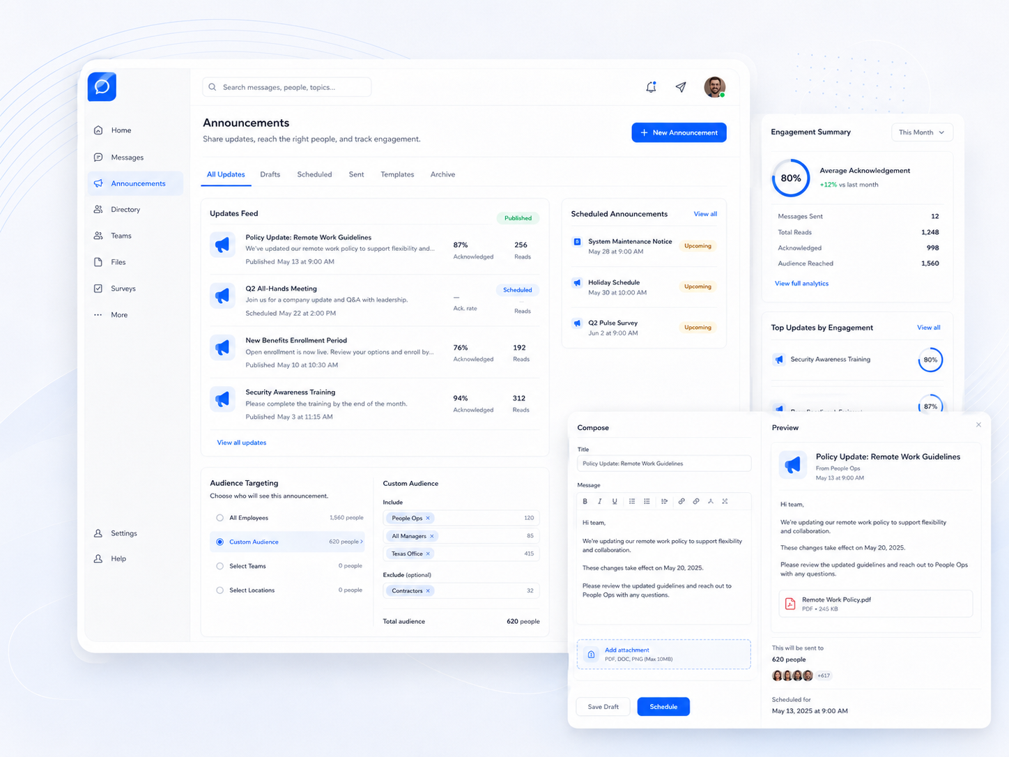 Employee communication app in Shiftaro showing announcements, company updates, audience targeting, scheduled messages, acknowledgement tracking, engagement summary, and update preview.
