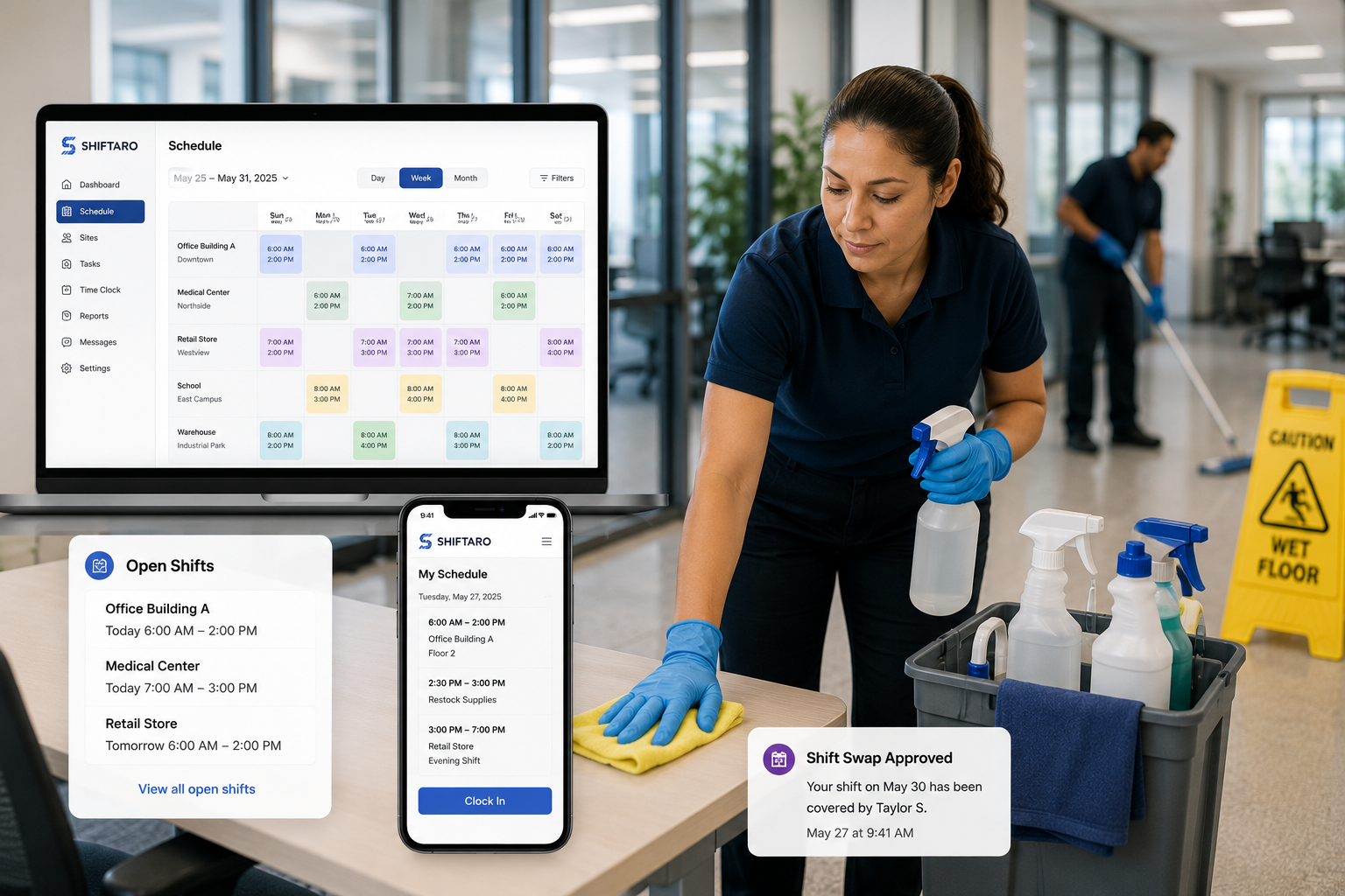 Cleaning company scheduling software helping commercial cleaning businesses coordinate employee schedules, customer sites, open shifts, shift coverage, and daily tasks.