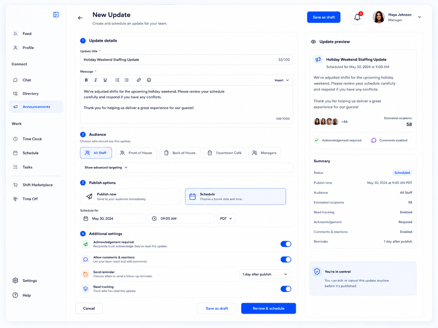 Employee updates software screen in Shiftaro showing update creation, audience targeting, scheduling, acknowledgement settings, read tracking, and update preview.