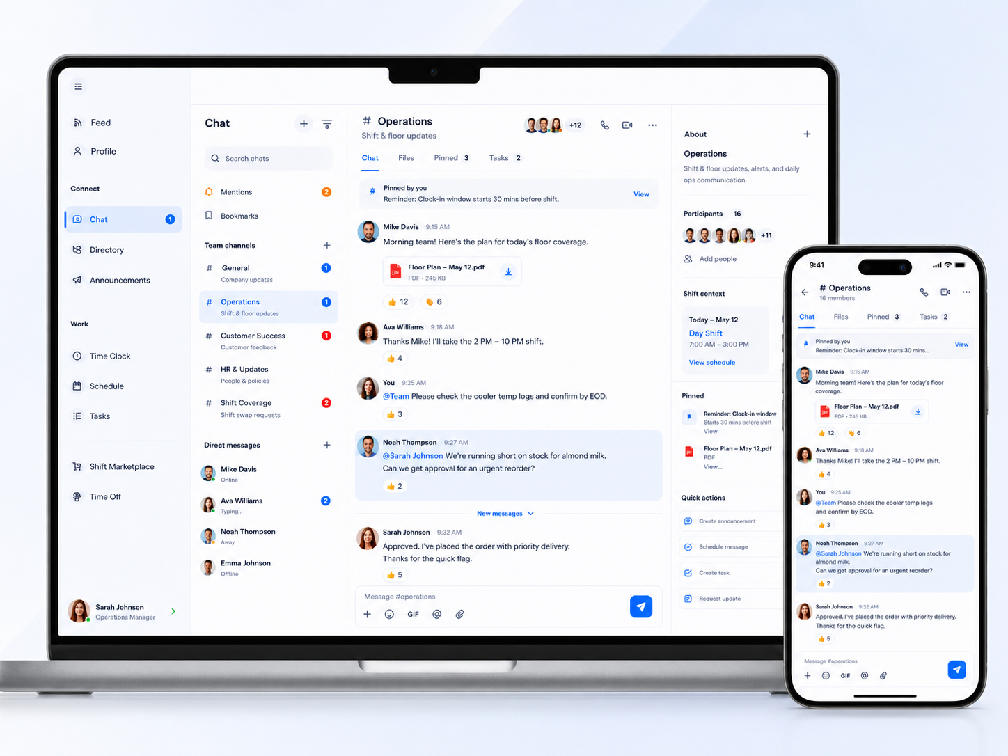 Employee chat app in Shiftaro showing desktop and mobile team messaging with team channels, direct messages, unread messages, shift context, files, and quick actions.