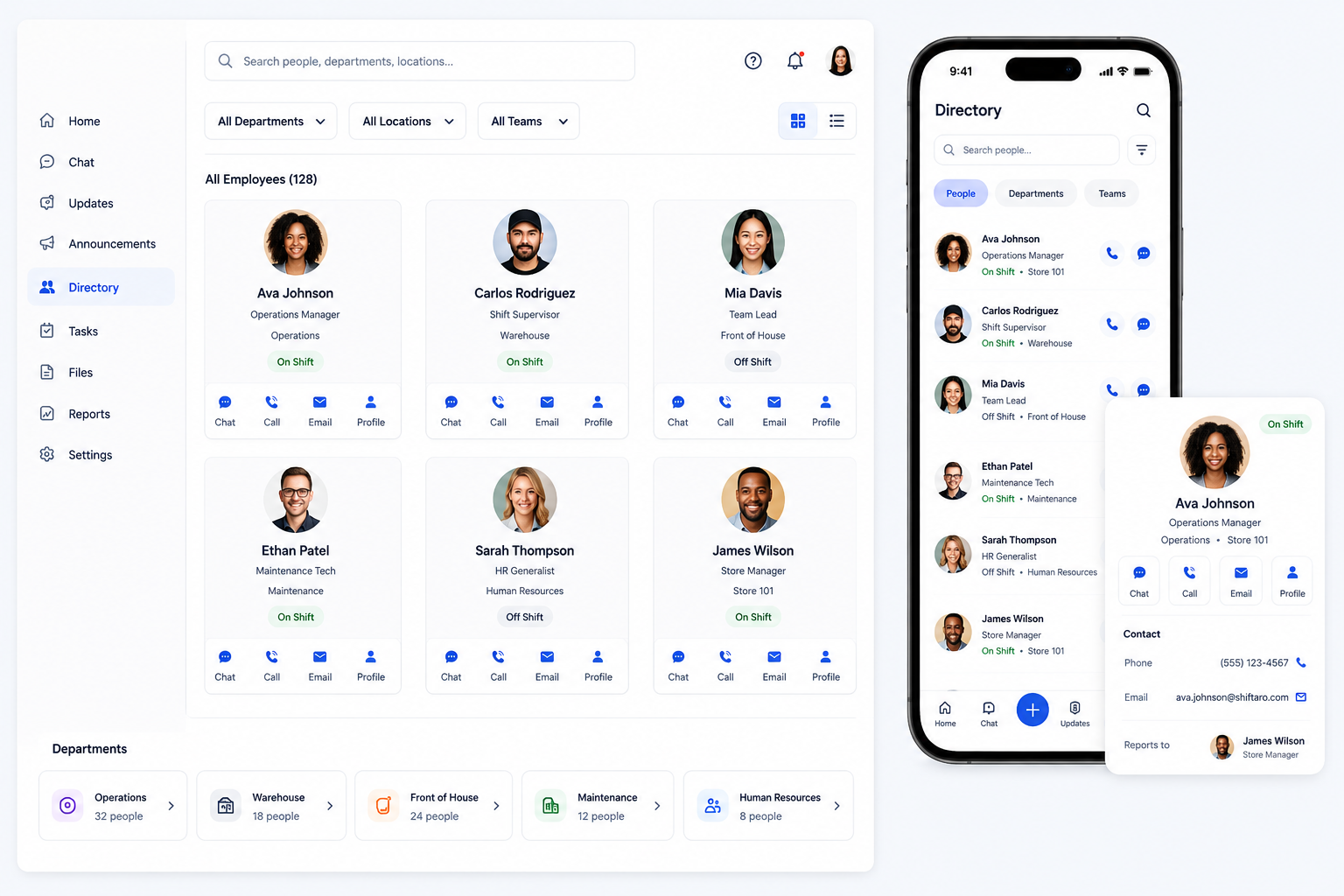 Employee communication app directory in Shiftaro showing employee search, department and location filters, employee profiles, on-shift status, chat, call, email, and mobile directory access.