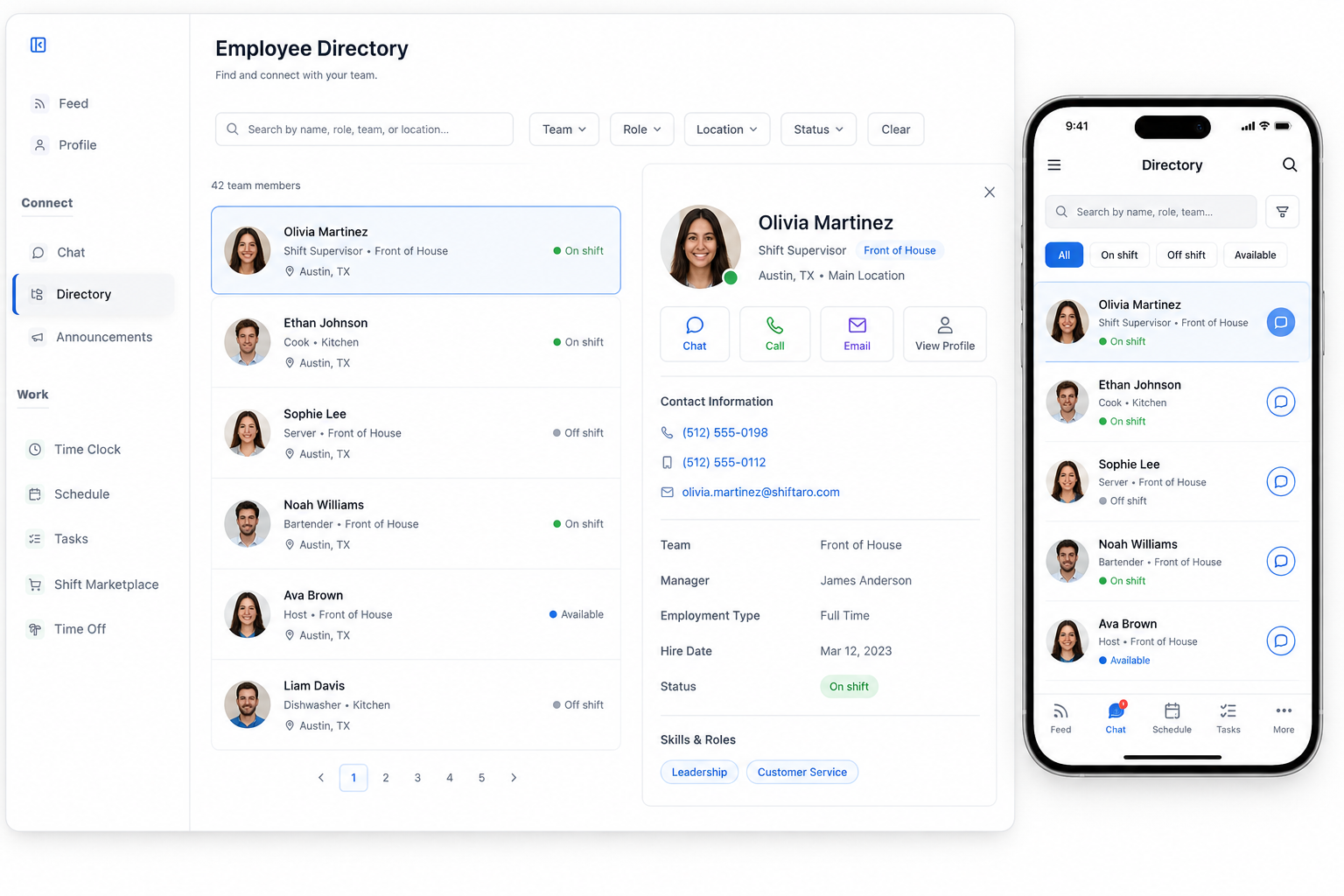 Employee directory software in Shiftaro showing searchable employee profiles, team and location filters, quick contact actions, and mobile directory access.