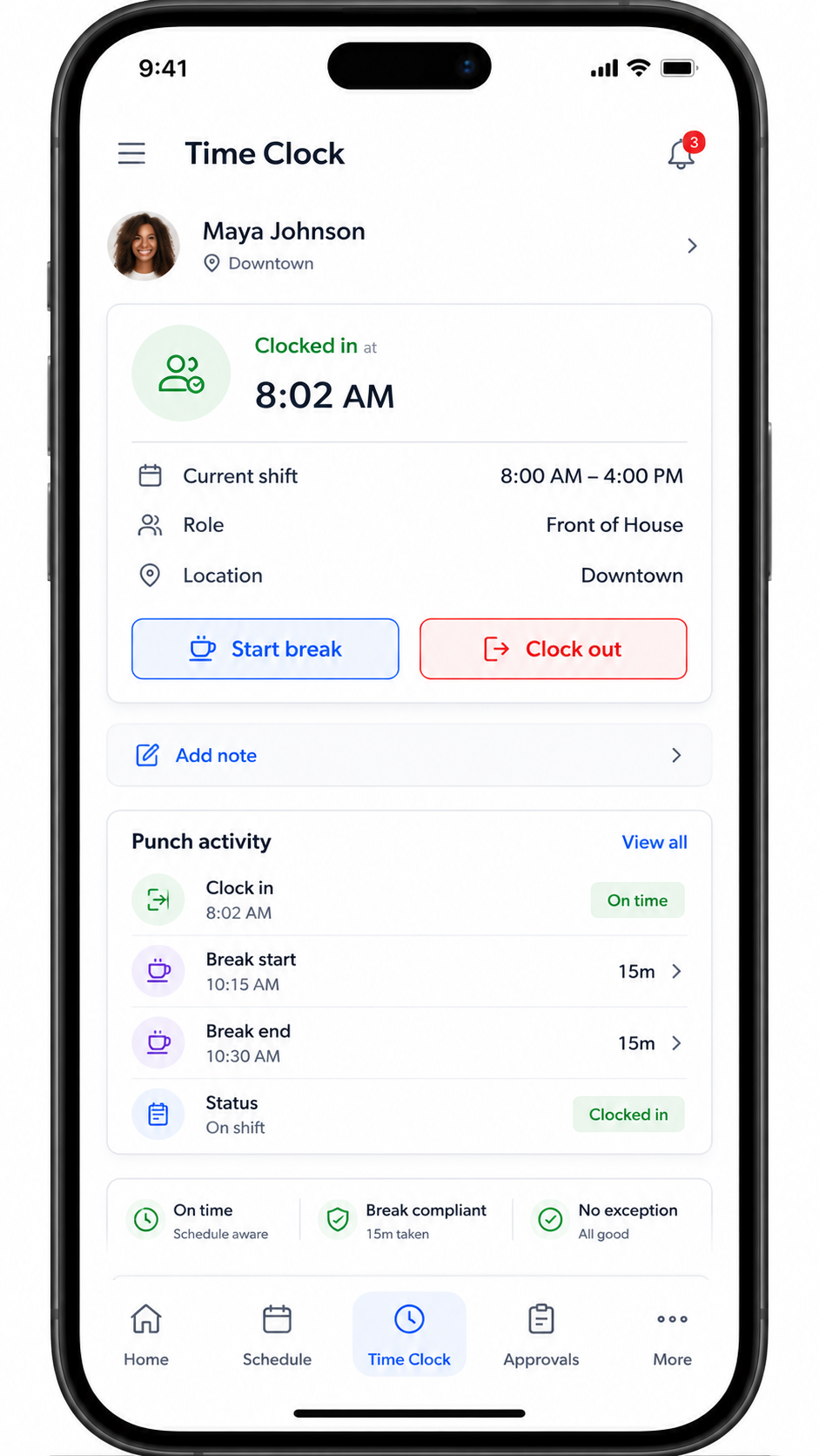 Shiftaro employee mobile time clock app screen showing current shift, clocked-in status, break tracking, clock-out action, punch activity, and schedule-aware timekeeping.
