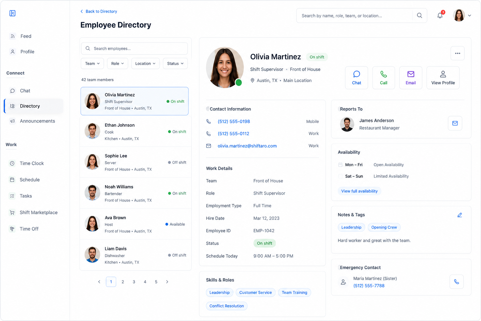 Employee directory app in Shiftaro showing a detailed employee profile with role, team, location, status, contact information, reporting details, availability, emergency contact, and quick actions for chat, call, email, and profile access.