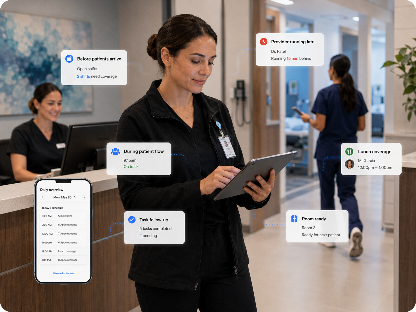 Healthcare clinic shift management software showing patient flow coverage changes clinical tasks front desk updates and staff coordination
