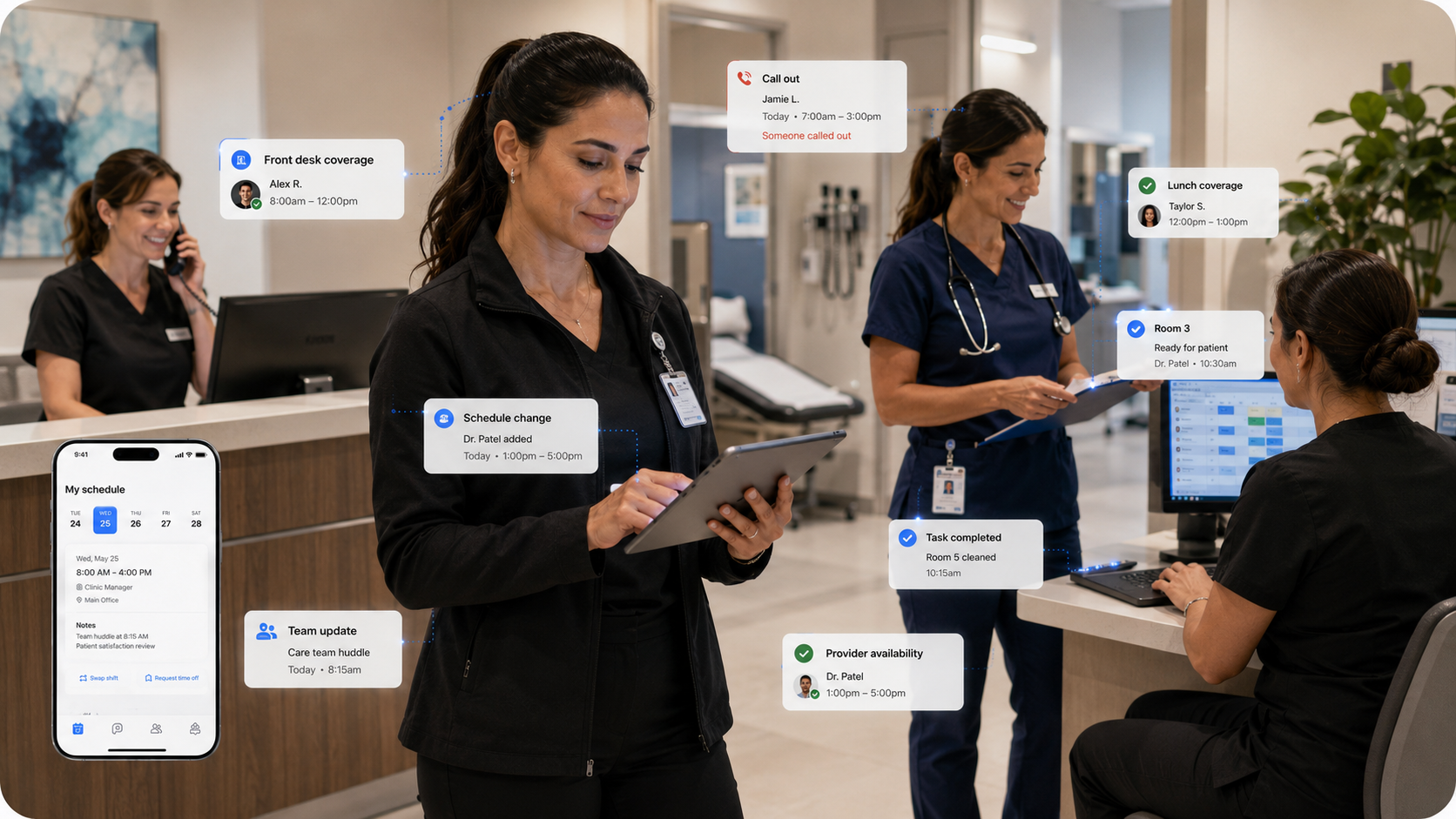 Healthcare employee scheduling software showing clinic schedules staff coverage tasks team updates and mobile access