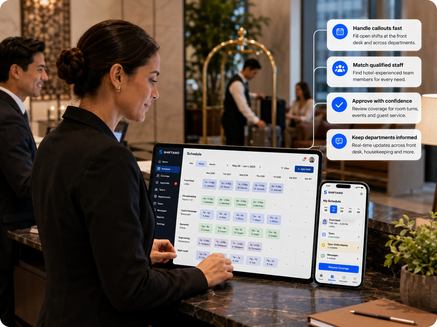 Hotel employee scheduling software showing department schedules, open shifts, coverage, approvals, tasks, and mobile access in Shiftaro.