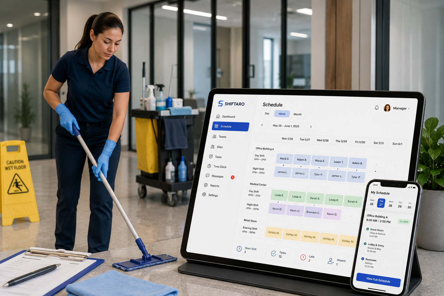 Janitorial workforce management software helping supervisors coordinate cleaning crews, customer sites, employee schedules, tasks, open shifts, and daily operations.