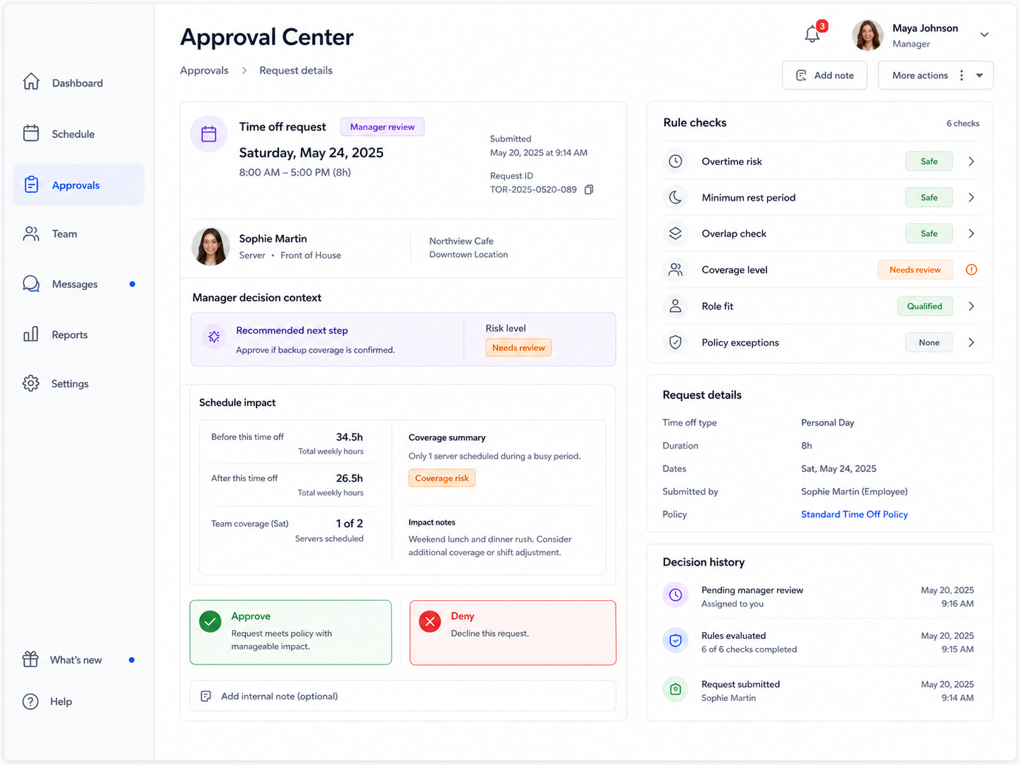 Manager decision context card in Shiftaro showing rule checks, schedule impact, risk level, recommendation, approval actions, and decision history for a time off request.