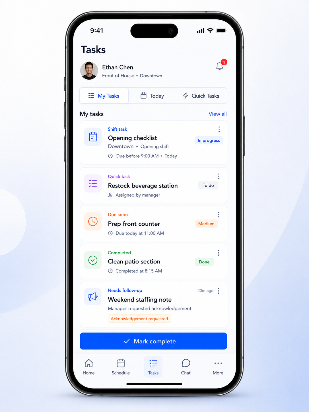 Mobile employee task management app showing employees viewing assigned tasks, due times, completion status, and team updates in Shiftaro.