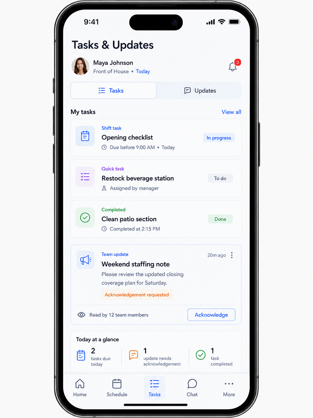 Mobile employee task management app in Shiftaro showing shift tasks, quick tasks, team updates, acknowledgement request, and today’s task summary.