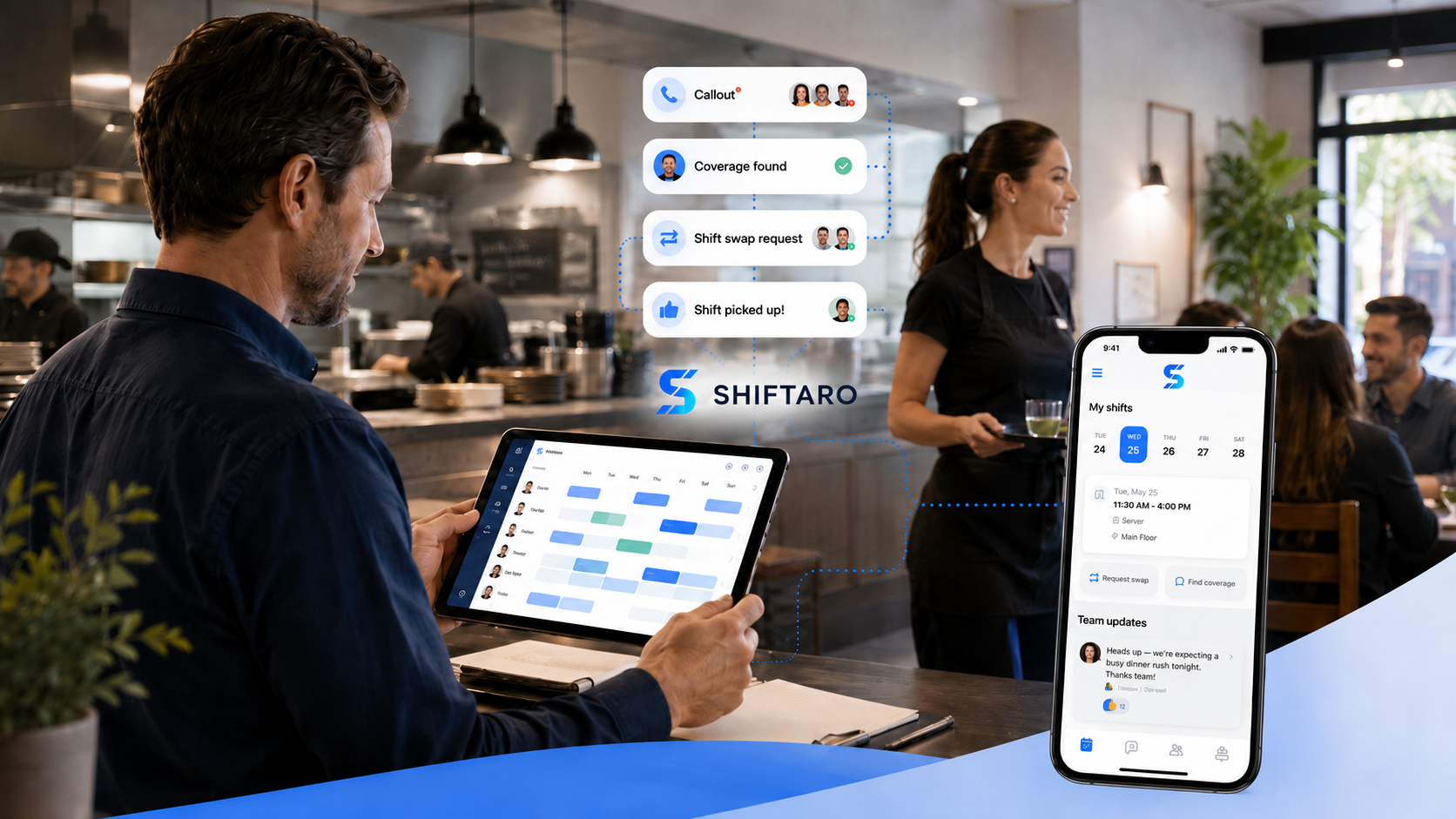 Restaurant shift management software showing schedules coverage changes shift swaps team updates and mobile access