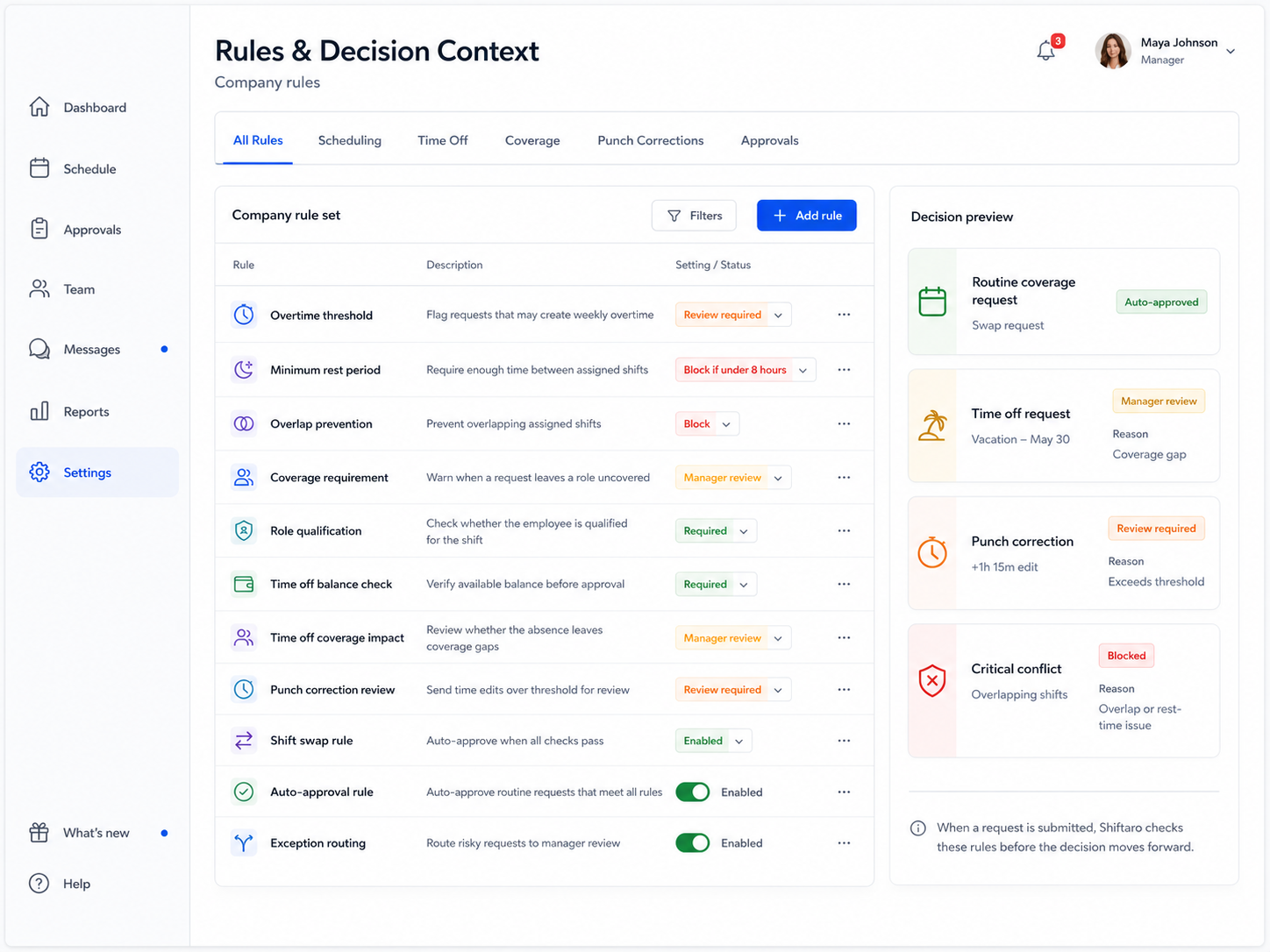 Rules and decision context configuration panel in Shiftaro showing scheduling, time off, coverage, punch correction, approval, auto-approval, and exception routing rules.