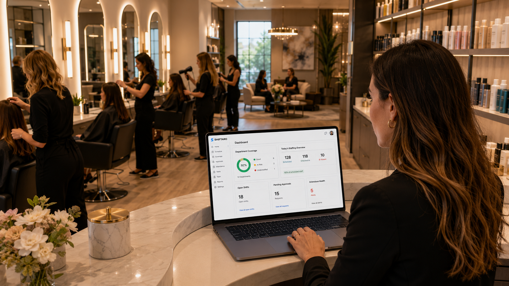 Salon workforce management software showing a manager reviewing staffing coverage, open shifts, pending approvals, and attendance alerts in Shiftaro.