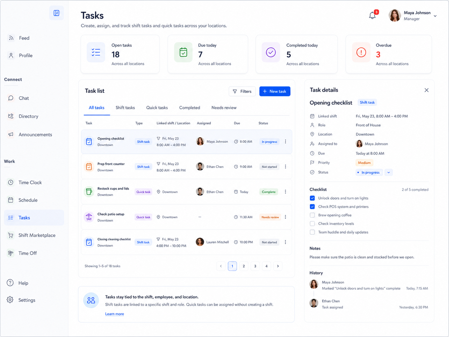 Employee task management software dashboard showing shift-based tasks, quick tasks, task owners, due times, and completion status in Shiftaro.