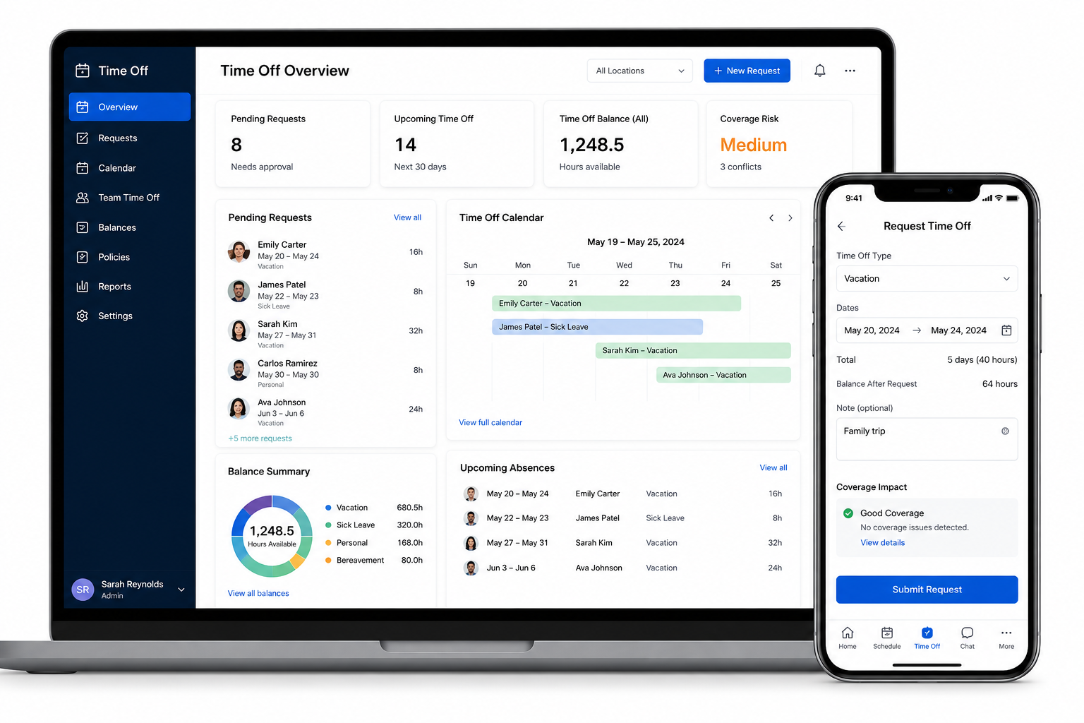 Time off management software dashboard showing pending requests, team calendar, time off balances, coverage risk, and mobile request form in Shiftaro.