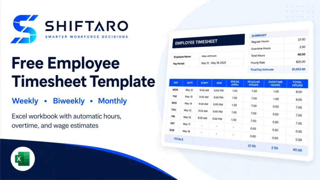 Employee timesheet template by Shiftaro showing weekly hour tracking, overtime, and payroll-ready timesheet layout