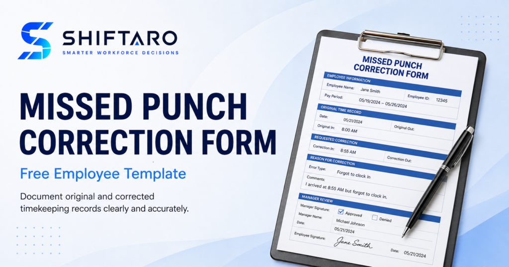 Missed punch correction form showing original and corrected employee time records, employee certification, and manager approval