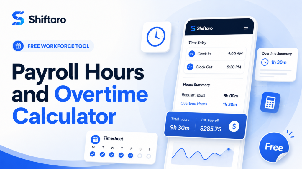 Free payroll hours and overtime calculator showing clock-in, clock-out, regular hours, overtime hours, and estimated payroll