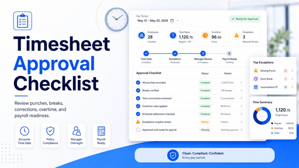 Timesheet approval checklist showing punches, breaks, overtime, exceptions, manager review, and payroll readiness